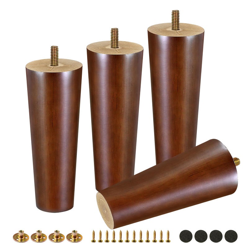 FoDau770 Brown Rubber Wood Furniture Legs 6 Inches, Straight Tapered Wood Legs Mid Century Sofa Legs Set of 4, 5/16"" UNC Furniture Feet Replacement Legs for Sofa Couch Dresser Chair Ottoman - Image 1
